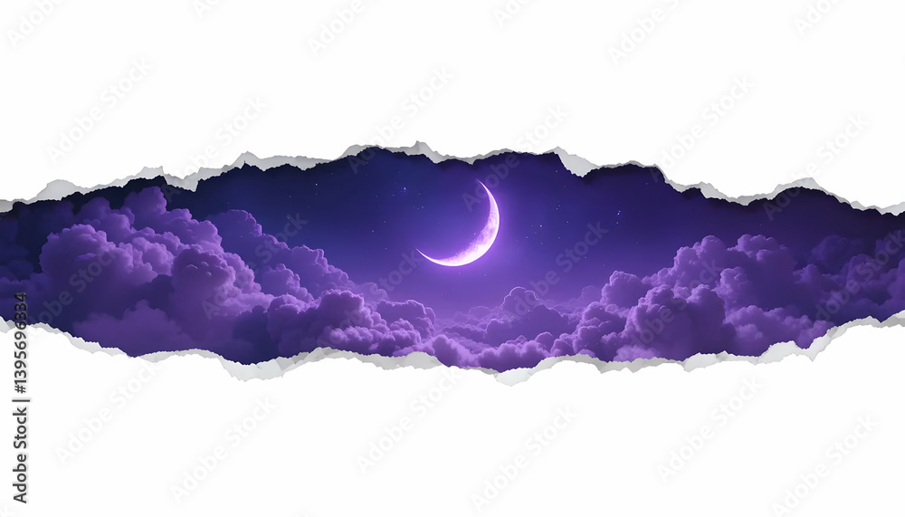 Obraz premium Aesthetic purple crescent moon and clouds in night sky with ripped paper effect isolated on white background. 