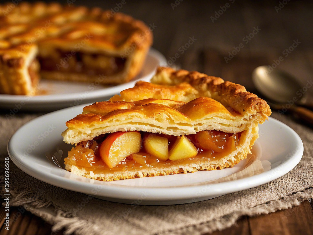Delicious homemade apple pie with fresh apples on a wooden table, perfect for a sweet breakfast or dessert Delicious homemade apple pie with fresh apples on a wooden table, perfect for a sweet breakfast or dessert
