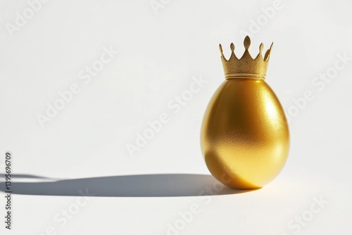 Golden egg with crown on white background symbolizing wealth and royalty