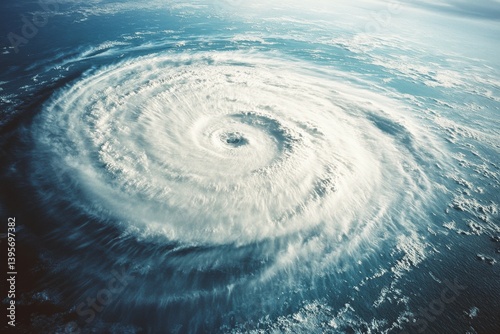 A swirling cyclone viewed from above, displaying the intense spiral formation and immense power of nature's storms over the ocean.