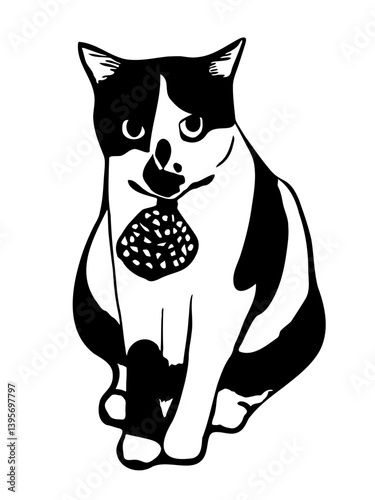 A black-and-white vector illustration featuring a staring tuxedo cat with a spotted bowtie, rendered in a minimalist stencil art style. Perfect for logos, prings, digital designs.