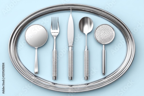 A dental tray with a mirror, explorer, scaler, and suction tools