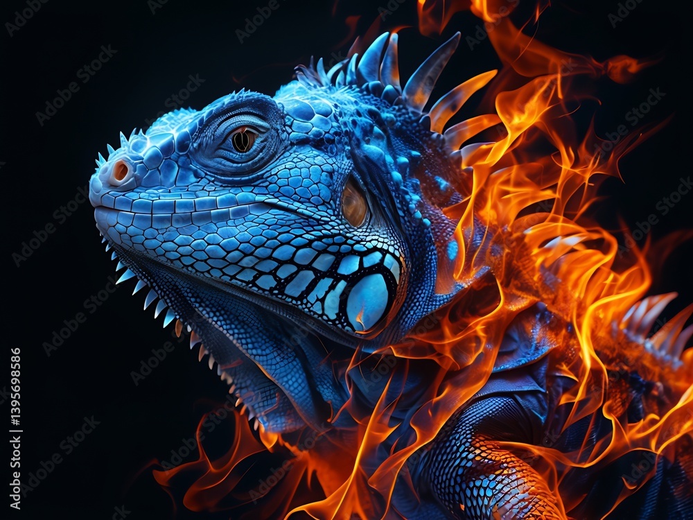 Fototapeta premium Blue Iguana in Flames