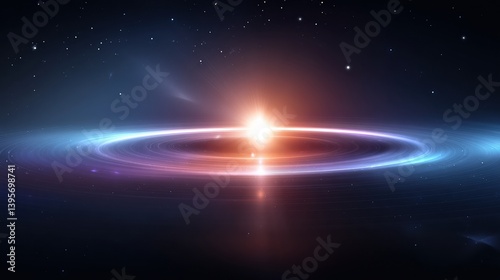 A stunning cosmic scene depicting a luminous star surrounded by vibrant rings and a starry background, creating a sense of depth and wonder.