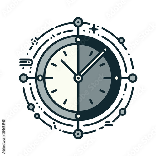 Two-toned clock design with dynamic elements, modern graphic style representing time and innovation with copy space