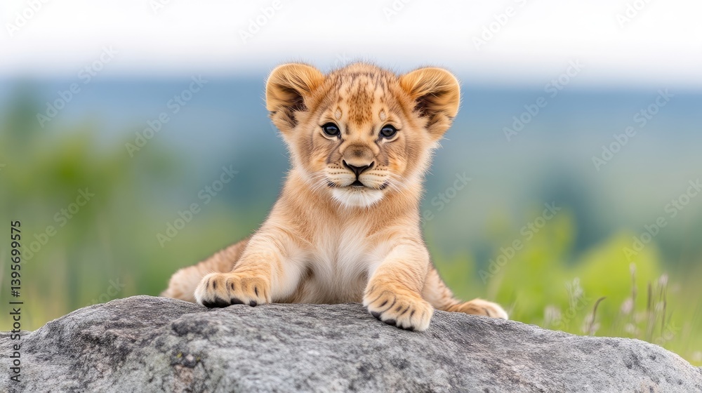 Obraz premium Lion Cub on Rock Soft Fur, Stunning Clarity, Shallow Depth of Field, Front View, Adorable Expression, Resting Pose, Serengeti Background, Warm Golden Hues, Perfect for Wildlife Calendars