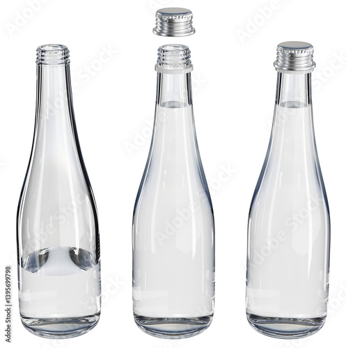 Glass water bottles with cap. 3d illustration transparent background