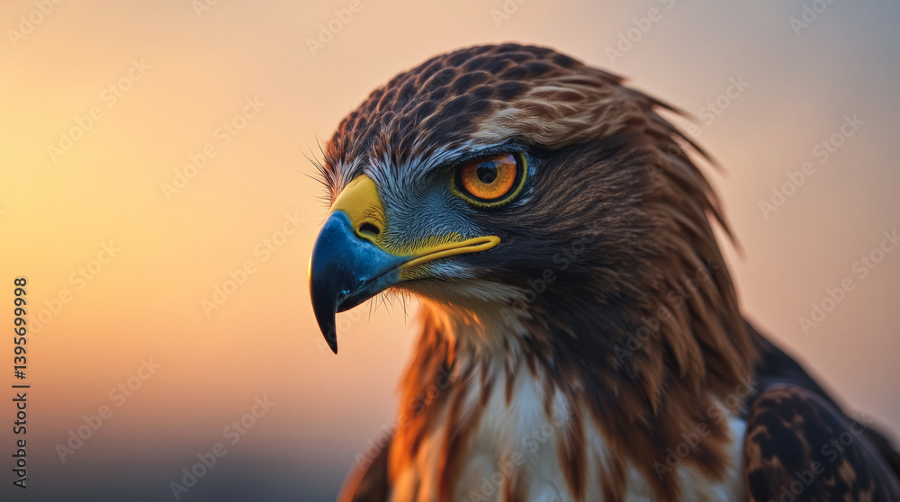Red-Tailed Hawk with Sharp Golden Eyes Focused Intently, Every Detail in Clear View Red-Tailed Hawk with Sharp Golden Eyes Focused Intently, Every Detail in Clear View