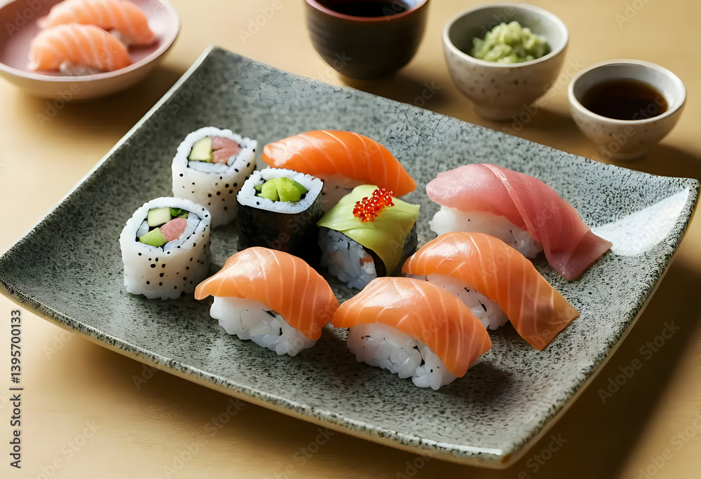 Assorted Sushi Platter with Salmon Nigiri, Tuna Sashimi, and California Rolls – Served on Speckled Plate with Wasabi, Pickled Ginger, and Soy Sauce Assorted Sushi Platter with Salmon Nigiri, Tuna Sashimi, and California Rolls – Served on Speckled Plate with Wasabi, Pickled Ginger, and Soy Sauce