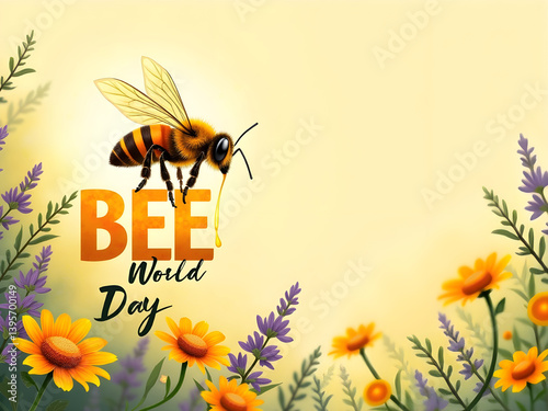 Vibrant World Bee Day Poster Design with Flowers and Bee

