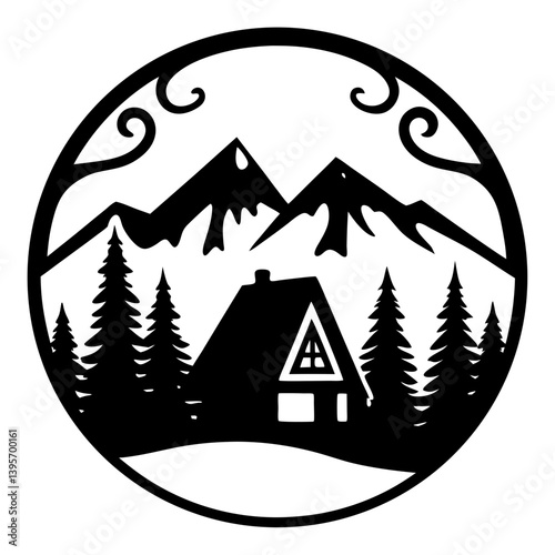 Scenic Mountain Cabin Winter Landscape in a Circular Frame Artistic Design