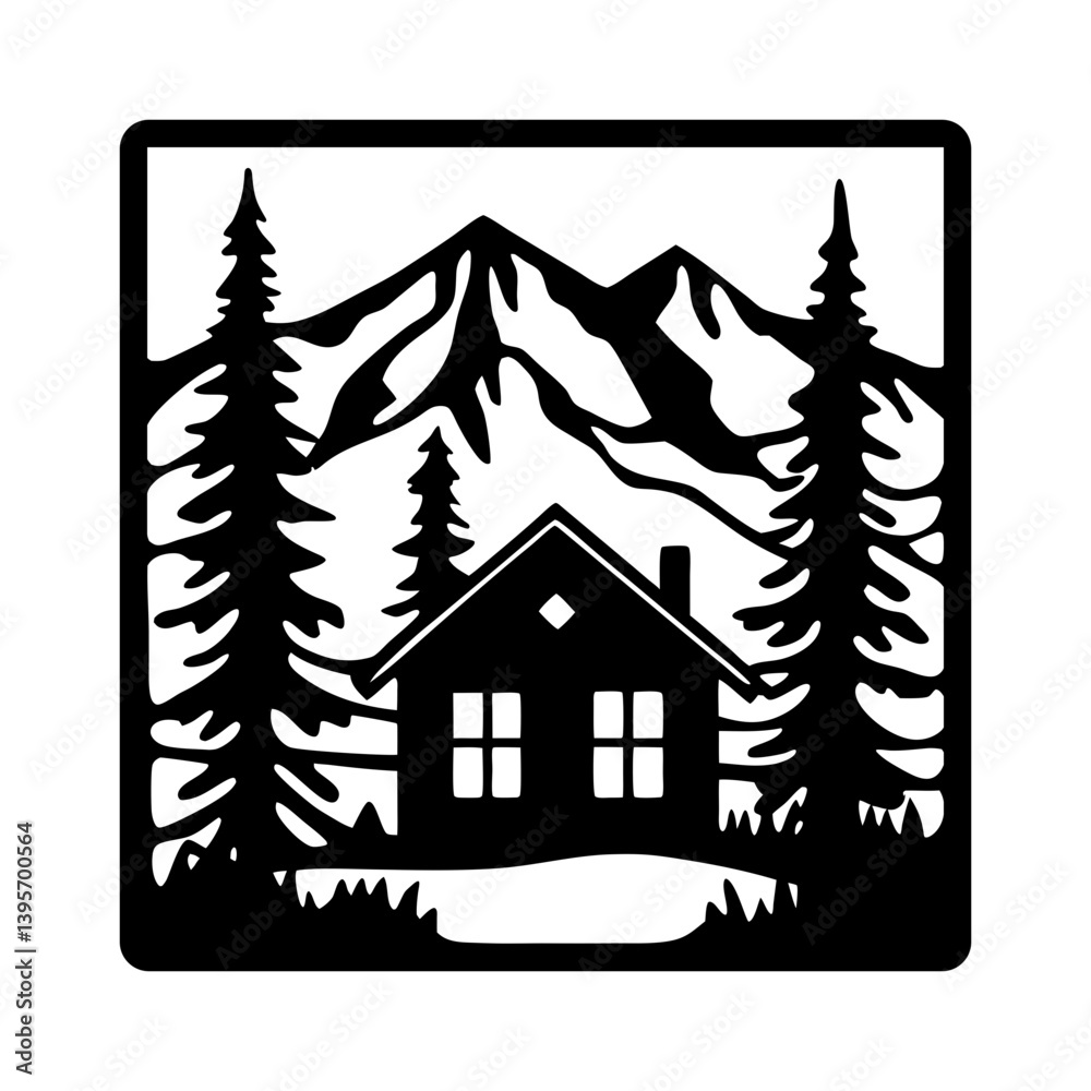 Mountain Cabin Scene Black and White Graphic Design Illustration Mountain Cabin Scene Black and White Graphic Design Illustration