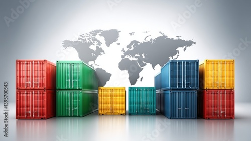 A vibrant arrangement of shipping containers against a world map backdrop, symbolizing global trade and logistics.