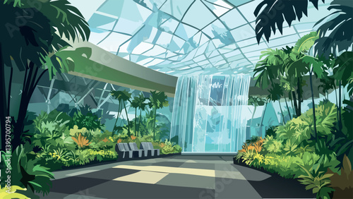 Changi Airport with Singapore skyline as a vector style illustration.eps
