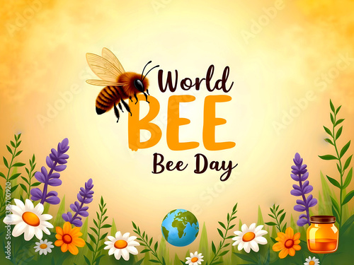 World Bee Day Graphic – Buzzing Bee and Colorful Flowers