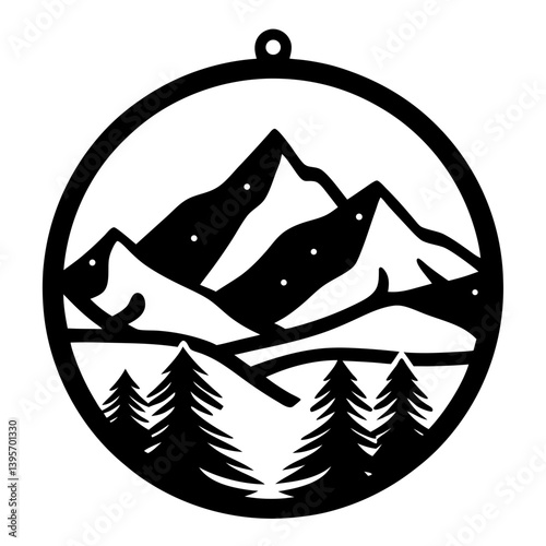 Mountain Landscape Circular Design for Ornament or Decoration Black and White Silhouette Art