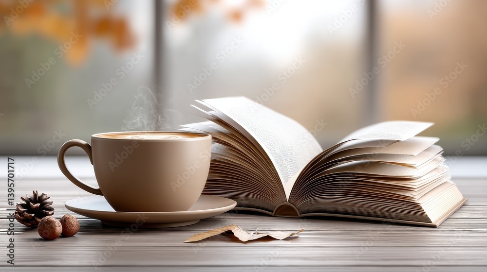 Enjoying cozy coffee moment book indoors in relaxing environment captured from warm viewpoint Enjoying cozy coffee moment book indoors in relaxing environment captured from warm viewpoint