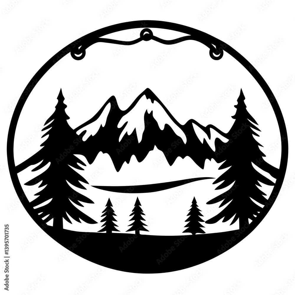 Obraz premium Majestic Mountain Landscape with Evergreen Trees in a Circular Frame