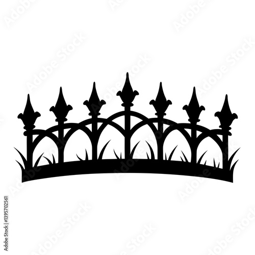 Elegant Black Silhouette of a Wrought Iron Fence with Grass