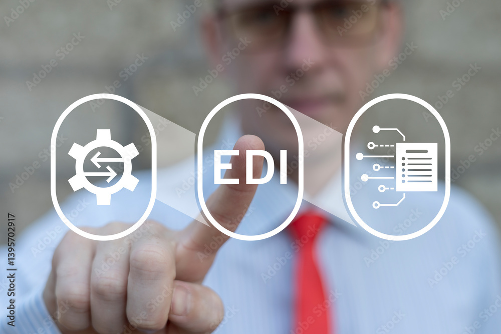 Business person using virtual touch screen push text: EDI. EDI or Electronic Data Interchange Information Technology Concept. Document management system to exchange information documents.
