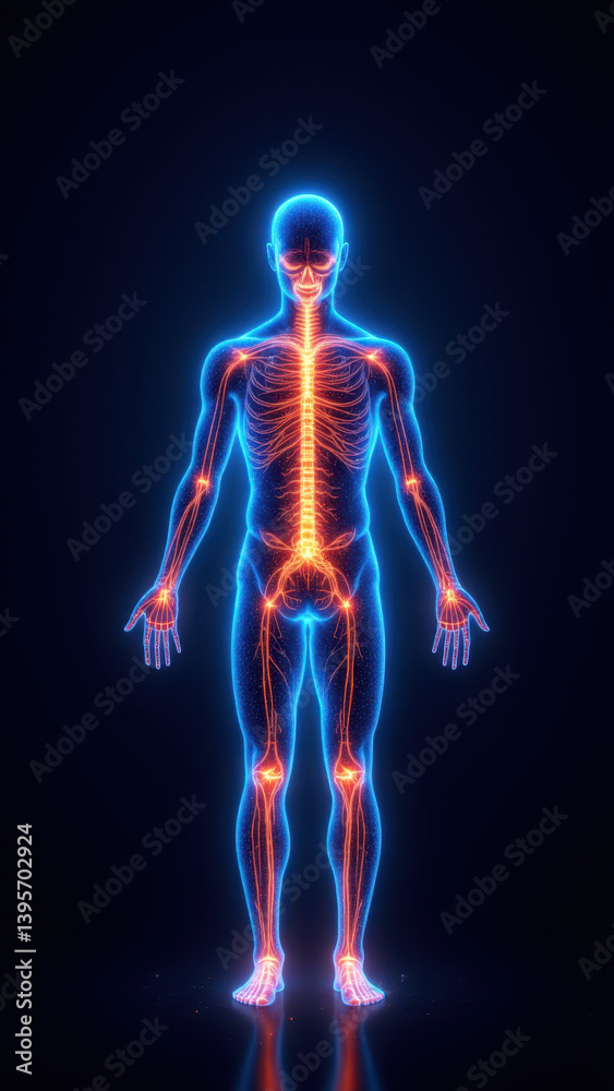 A 3D illustration of a human torso with visible internal organs, prominently featuring the vagus nerve stimulation system. A 3D illustration of a human torso with visible internal organs, prominently featuring the vagus nerve stimulation system.