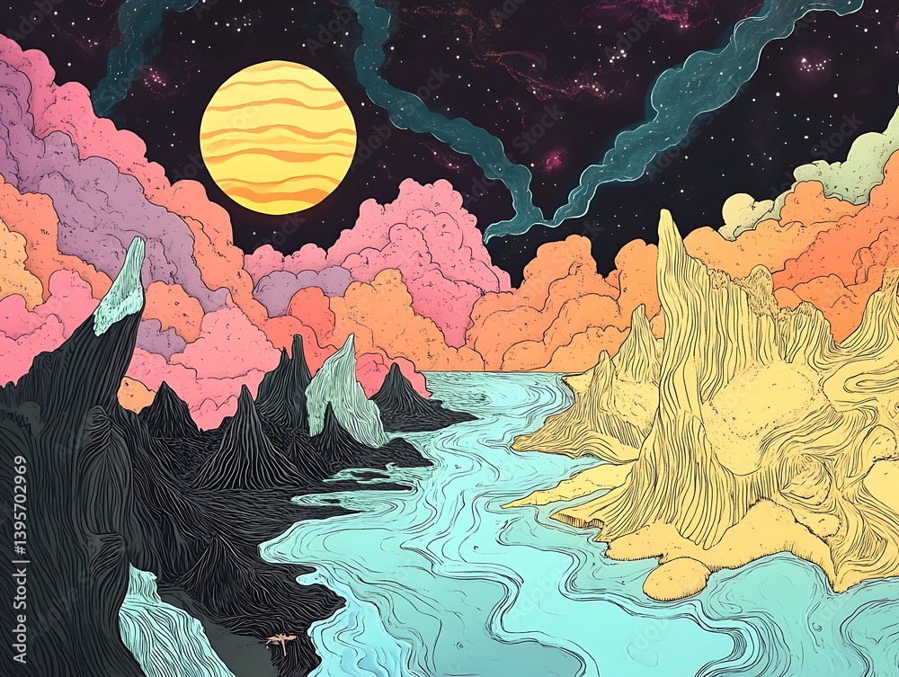 A vibrant, fantastical landscape of pastel mountains, clouds, and a celestial sun.