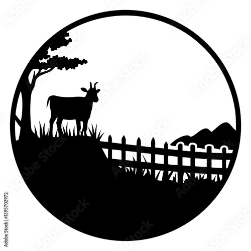 Silhouette of a Goat on a Hillside Farm Scene with a Wooden Fence and Tree