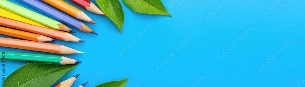 Colorful pencils surrounded by leaves on a vibrant blue background Colorful pencils surrounded by leaves on a vibrant blue background
