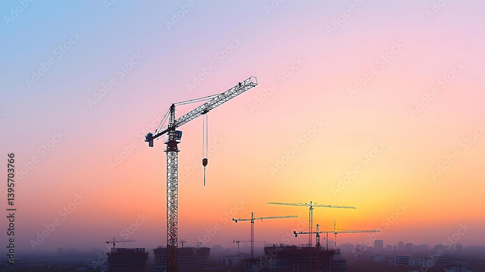 Naklejka premium Construction Crane Silhouette At Colorful Sunset Over Cityscape