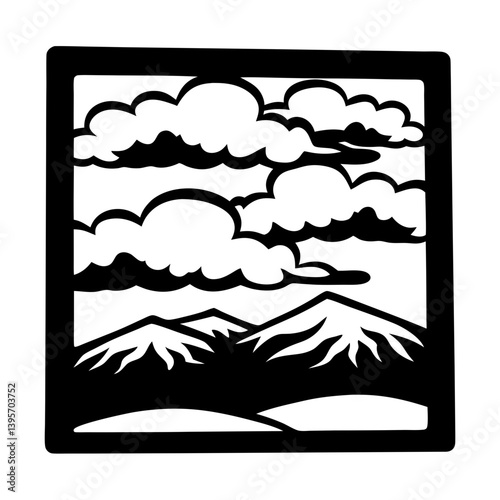 A black and white illustration of a mountainous landscape with fluffy clouds in a framed picture
