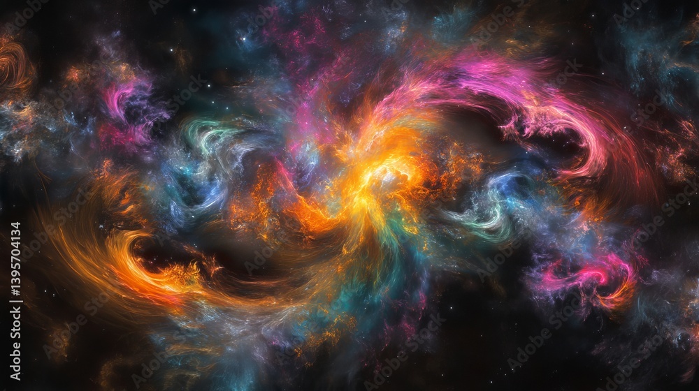 Fototapeta premium A space nebula is depicted in a 4k illustration with a colored background and futuristic space elements on a black wallpaper filled with stars