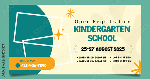 Colorful Kindergarten Registration Design for 2025 Event with Abstract Graphics and Contact Information for Educational Flyers and Announcements