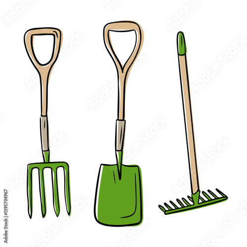 Set of garden tools including pitchfork, shovel and rake with wooden handles and green metal parts. Represents gardening, outdoor work and eco-friendly lifestyle