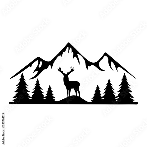 Majestic Deer in Mountainous Wilderness Landscape Silhouette Graphic Design