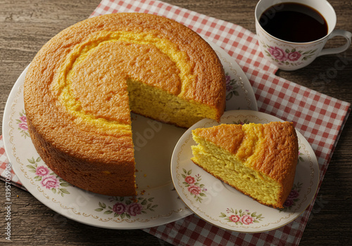 A golden brown sponge cake perfectly baked and sliced sits invitingly on a floral plate A second slice is presented on a separate plate alongside a cup of coffee creating a warm AI Generative photo