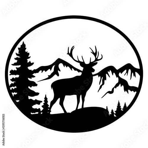Majestic Stag Silhouette in Mountainous Landscape Scenic Artwork