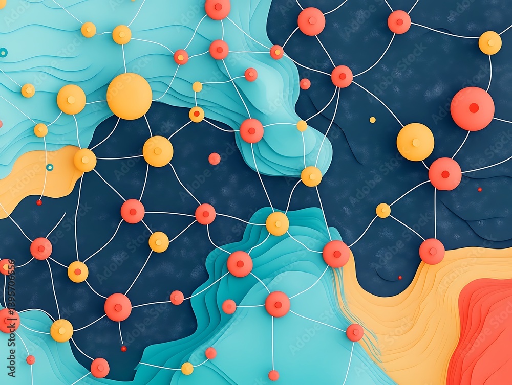 A vibrant network of interconnected spheres layered on a textured surface.