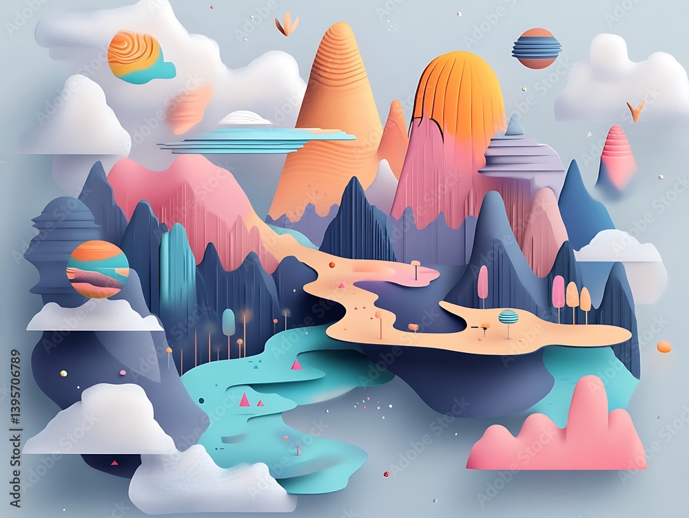 A whimsical, layered landscape of pastel mountains and clouds.