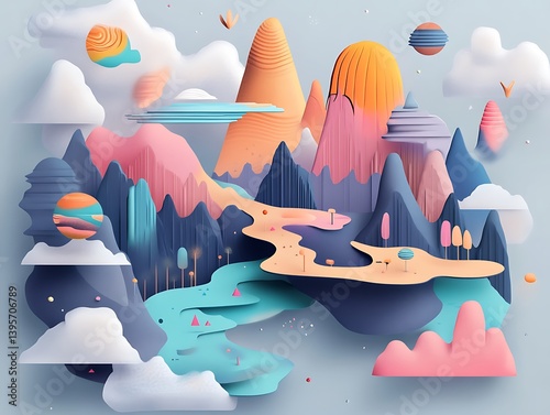 Obraz na płótnie A whimsical, layered landscape of pastel mountains and clouds. w salonie