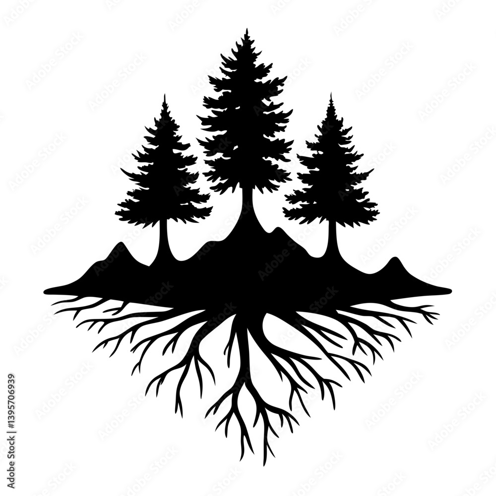 Obraz premium Three Majestic Pine Trees Rooted Deep in the Mountain Landscape Illustration
