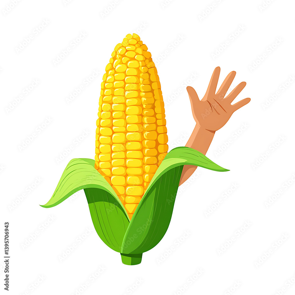 Obraz premium A cheerful corn cob with an arm reaching out, a fun and friendly cartoon illustration on black.