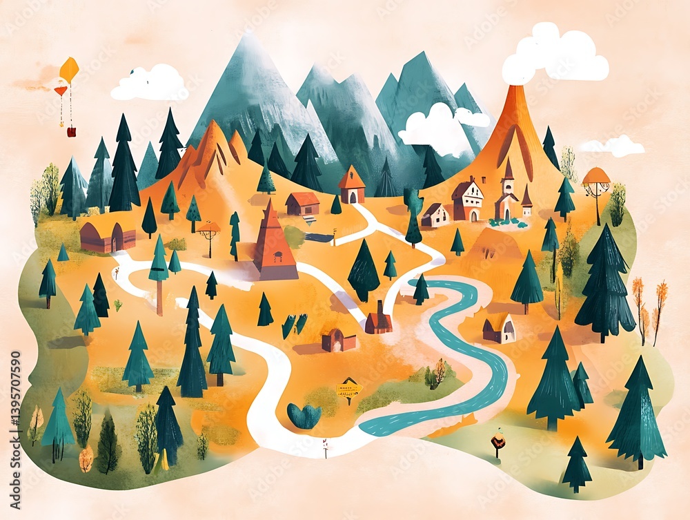 A whimsical illustration of a mountain village nestled amidst forests and rolling hills.