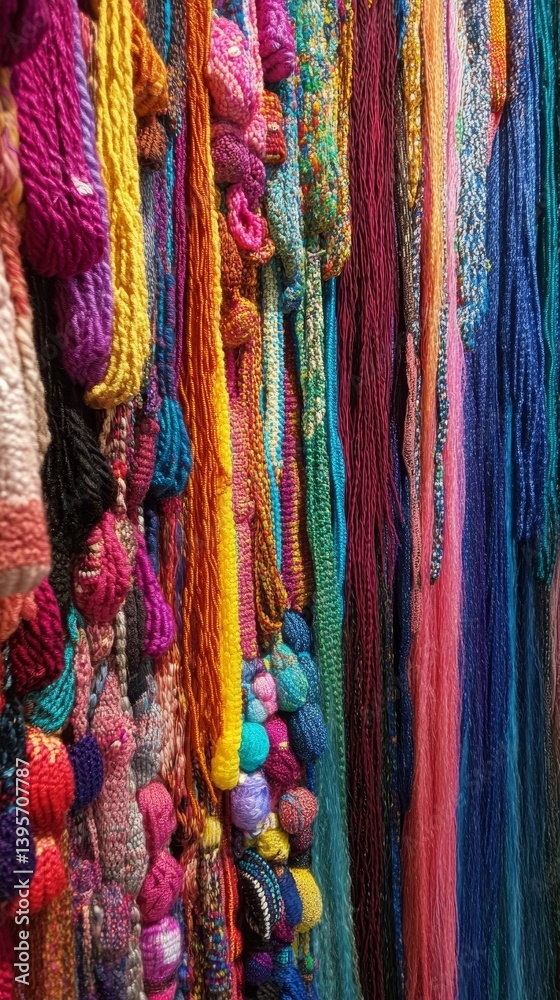 Fototapeta premium Colorful hanging fabric with tassels and pom poms creates a vibrant textured display.
