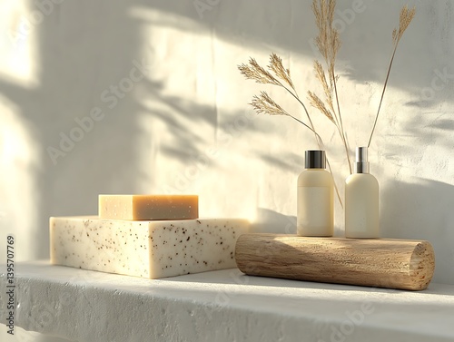 Natural spa products displayed on a wooden platform.
