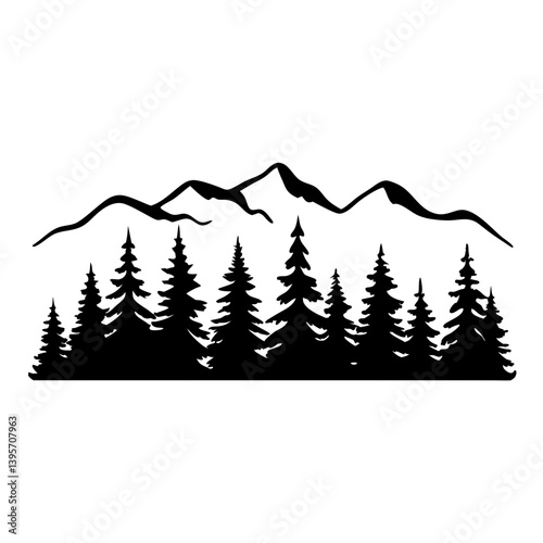 Majestic Mountain Range with Silhouetted Evergreen Trees Forest Landscape Illustration