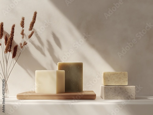 Obraz na płótnie Natural handmade soaps displayed on a wooden board, enhanced by dried flowers. w salonie