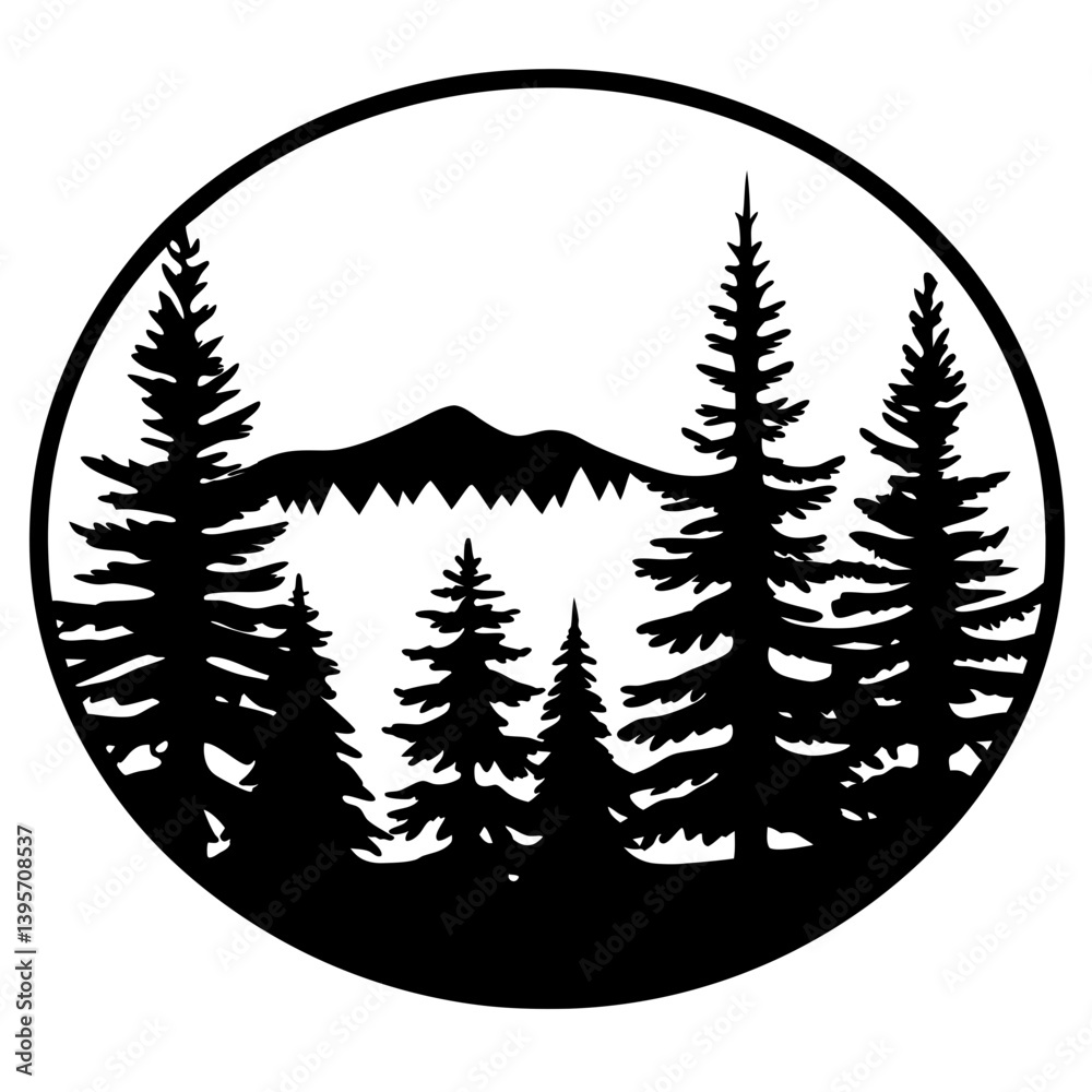 Obraz premium Majestic Mountain Silhouette with Evergreen Forest in Circular Design