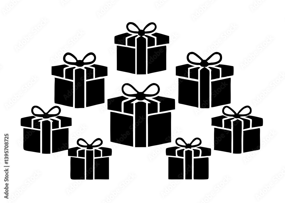 Black Gift Box Silhouettes Collection – Present Icon Set with Bows for Celebration, Holiday, and Festive Design Projects