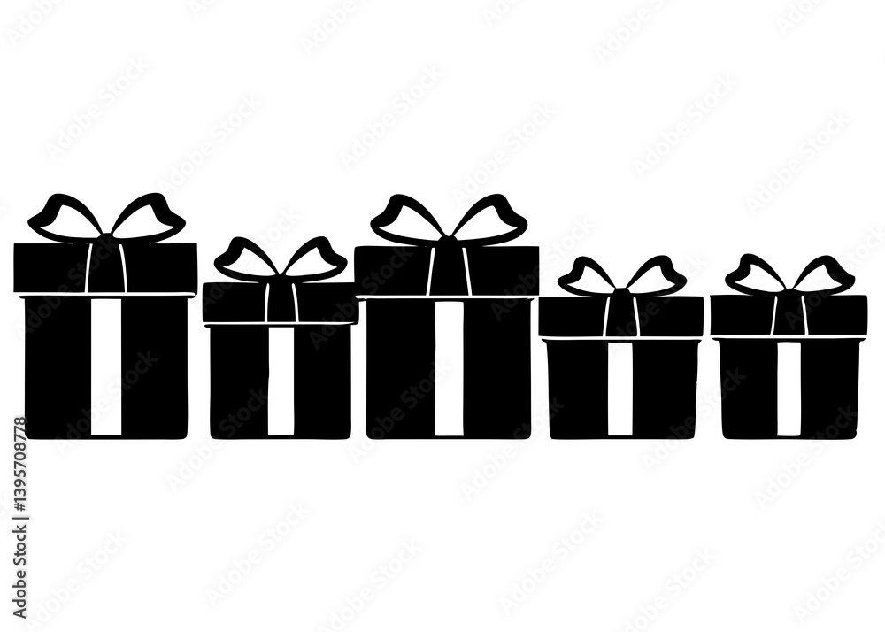 Black Gift Box Silhouettes Collection – Present Icon Set with Bows for Celebration, Holiday, and Festive Design Projects