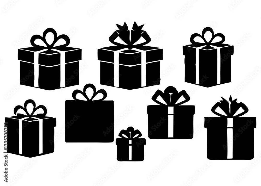 Black Gift Box Silhouettes Collection – Present Icon Set with Bows for Celebration, Holiday, and Festive Design Projects